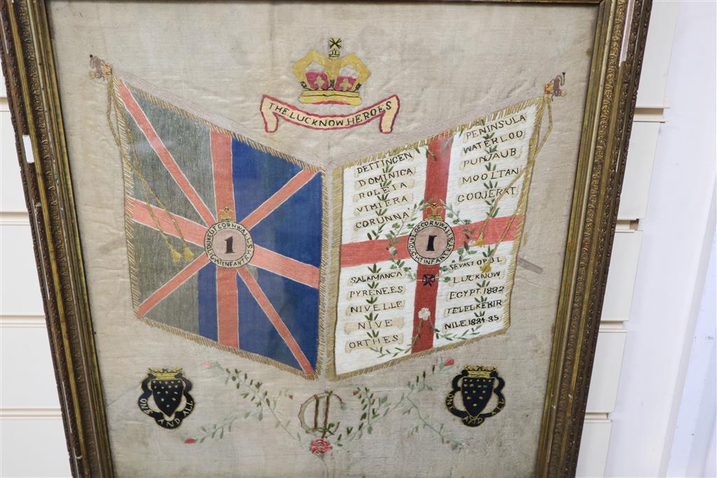 Early 20th century woolwork Gibraltar panels and Lucknow Heroes, largest 42 x 45cm